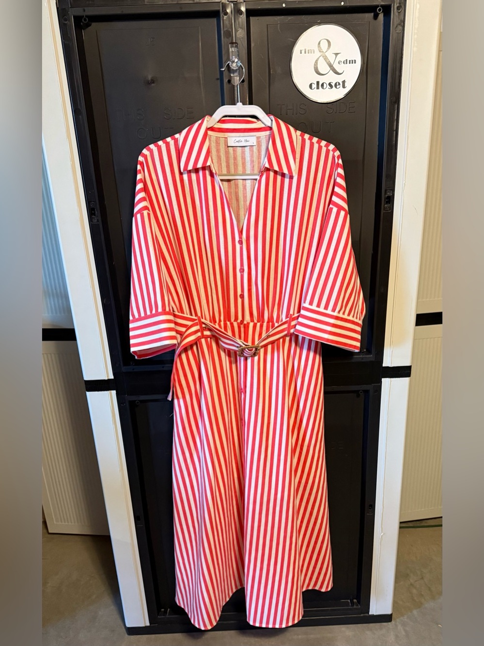 Callie Mac Coral & White Striped Shirt Dress with Belt - Versatile Style.